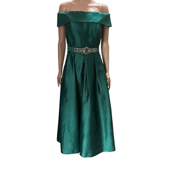 Eliza J Off-Shoulder Satin Gown - Emerald Green - Size 6. Embellished belt. - Picture 2 of 9